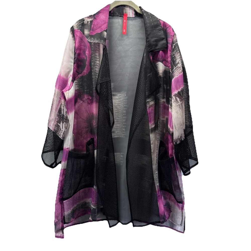 IC By Connie K Mesh Jacket Sz XL Black Purple Pink Artsy Oversized Boho Sheer